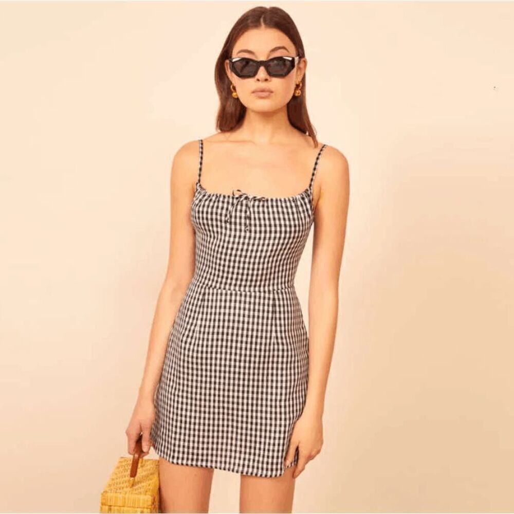 Gingham Mini Dress Black White Checkered Sleeveless Spaghetti Strap Back Zipper